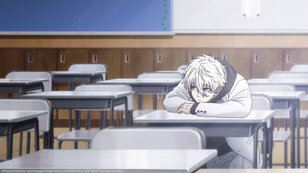 HD desktop wallpaper image featuring Seishiro Nagi from Blue Lock, depicted sitting in a classroom with a contemplative expression. Bright and detailed anime background captures the serene setting.