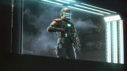 HD desktop wallpaper of a soldier in futuristic gear from the video game Battlefield 2042, standing in a dimly lit room with mist in the background.