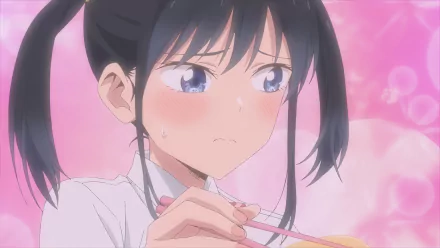 HD anime desktop wallpaper featuring a blushing character from Pseudo Harem, with a pink and dreamy background.