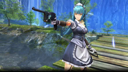 A character with teal hair from The Legend of Heroes: Trails through Daybreak pointing a gun, set against a scenic outdoor background. HD desktop wallpaper and background image.