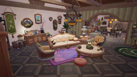 Cozy interior scene from the video game Palia, featuring a decorative living space with a sofa, plants, and warm lighting, serving as a vibrant HD desktop wallpaper.