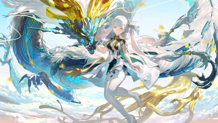 4K Ultra HD desktop wallpaper featuring Jinhsi from the video game Wuthering Waves, standing gracefully alongside a majestic, glowing dragon in a vibrant fantasy scene.