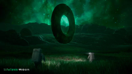 HD desktop wallpaper for the video game Lifeless Moon, depicting two astronauts under a vibrant green night sky, gazing at a large floating ring on a mysterious, grassy landscape.