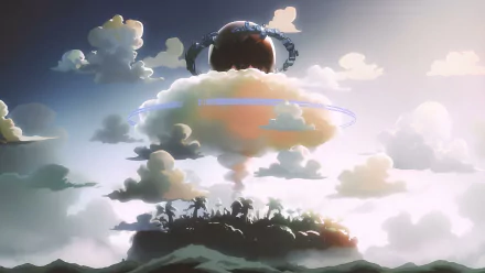4K Ultra HD anime wallpaper featuring a dramatic sky with clouds and a mechanical orb hovering above an island, inspired by One Piece.