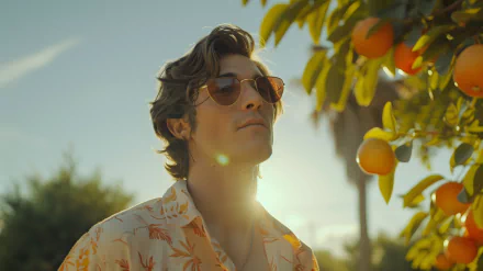 A man wearing sunglasses and a floral shirt enjoys a sunny summer day, with orange trees in the background. This HD desktop wallpaper captures a cool, relaxed summer aesthetic.