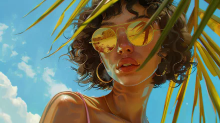 HD wallpaper featuring a woman with curly hair wearing reflective sunglasses, evoking a cool, summer aesthetic. She is framed by palm leaves against a clear blue sky, embodying a relaxed vibe.