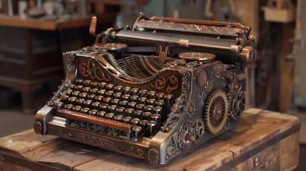 HD desktop wallpaper of a detailed steampunk typewriter with intricate gears and ornate design, set on a rustic wooden table.