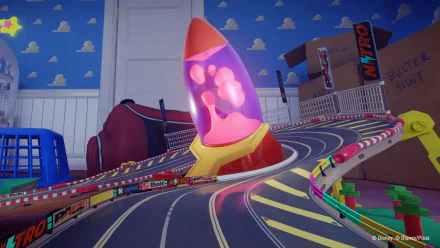 HD desktop wallpaper featuring a colorful track from the video game Disney Speedstorm. The scene includes a rocket-shaped structure and vibrant racing elements set against a playful, toy-like backdrop.