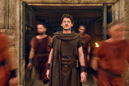 HD desktop wallpaper featuring Iwan Rheon from the TV show Those About to Die. Rheon stands in ancient attire amidst blurred figures.