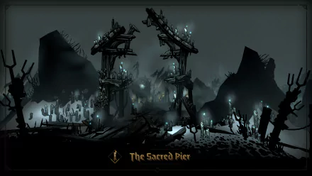 HD desktop wallpaper of Darkest Dungeon II featuring the eerie location The Sacred Pier with ominous structures and mystic lights against a dark, atmospheric backdrop.