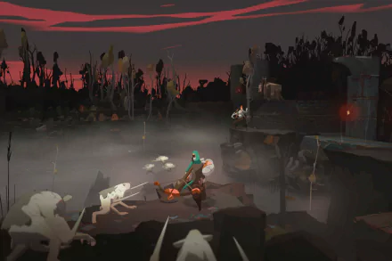 HD desktop wallpaper and background featuring a scene from the video game Cataclismo, depicting a character battling creatures in a dark, misty, and eerie landscape under a red-tinged sky.