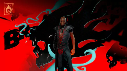 HD desktop wallpaper featuring a character from the video game EvilVEvil, set against a vibrant red and black background with gothic elements.