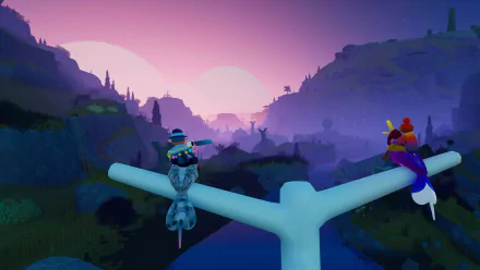 HD desktop wallpaper featuring a scenic landscape from the video game Flock with two characters sitting on a white branch against a vibrant sunset backdrop.