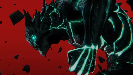 4K Ultra HD PC desktop wallpaper featuring a glowing, dark Kaiju No. 8 creature set against a vivid red background with floating debris.