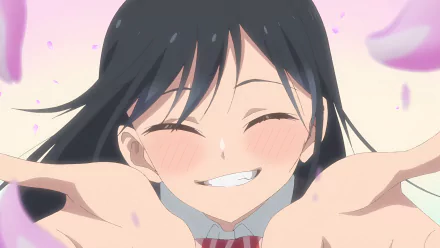 4K Ultra HD anime wallpaper featuring Rin Nanakura from Pseudo Harem, smiling warmly with outstretched hands against a soft pink background with falling petals.