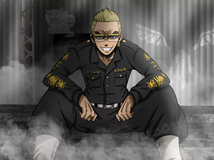 HD desktop wallpaper featuring Tetta Kisaki from Tokyo Revengers. The anime character is seated in a confident pose, surrounded by fog, highlighting a dramatic and intense atmosphere.