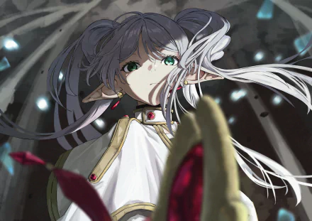 HD PC desktop wallpaper featuring Frieren from the anime Frieren: Beyond Journey's End, showcasing her detailed design and captivating green eyes in an atmospheric scene.