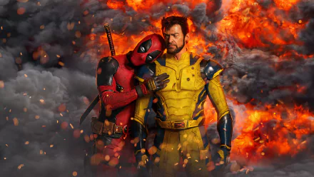 Deadpool and Wolverine stand together amidst fiery explosions in this vibrant HD desktop wallpaper. Their bold colors and dynamic poses create an engaging backdrop for any screen.