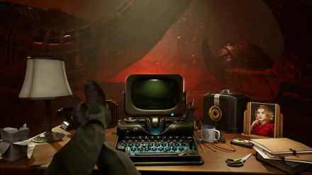 A high-definition desktop wallpaper for the video game Nobody Wants to Die, featuring a dark, futuristic office scene with vintage technology and an eerie background.