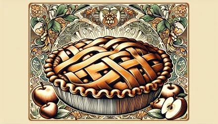 HD desktop wallpaper featuring a beautifully detailed illustration of a lattice-topped apple pie surrounded by apples and intricate floral designs.