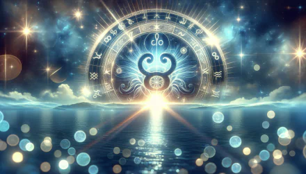 HD desktop wallpaper featuring a Cancer astrology symbol radiating in a mystical night sky over a serene ocean, framed by celestial lights and zodiac signs.