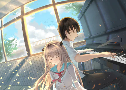 HD desktop wallpaper featuring a serene scene from the video game ATRI -My Dear Moments-, showing a boy playing piano with a girl resting beside him in a sunlit room.
