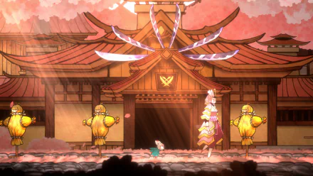 HD desktop wallpaper featuring a scene from the video game Bo: Path of the Teal Lotus, showcasing a colorful temple with artistic character designs and vibrant background elements.