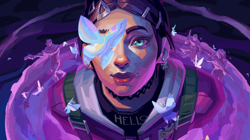 {{ HD wallpaper featuring Clove from Valorant, depicted with a luminescent butterfly over one eye, surrounded by ethereal figures in a violet hue. 