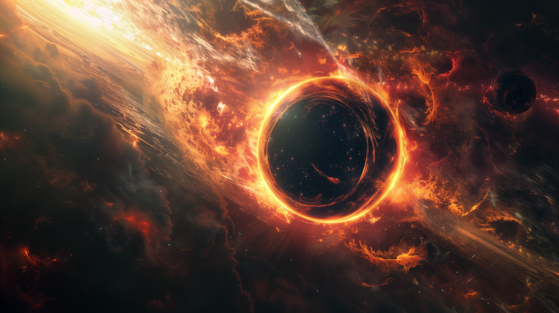 {{ A stunning HD desktop wallpaper featuring a sci-fi depiction of a black hole surrounded by fiery cosmic clouds. 