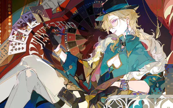 HD desktop wallpaper featuring Aventurine from Honkai: Star Rail, depicted as a stylish animated character lounging with playing cards in hand, set against a vibrant abstract background.