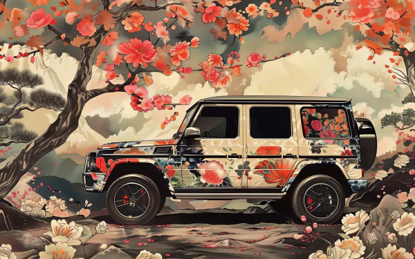 HD wallpaper of a Mercedes-Benz G-Class SUV set against a stylized background with vibrant floral patterns and trees with pink and orange blossoms.
