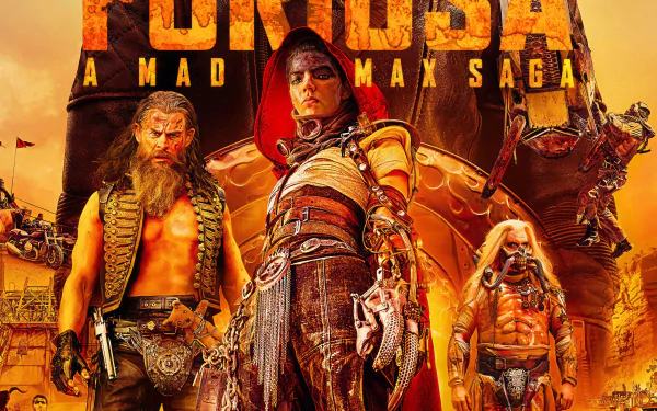 HD desktop wallpaper for the movie Furiosa: A Mad Max Saga featuring stylized characters in a post-apocalyptic setting with a fiery background.