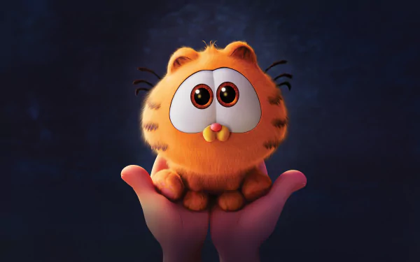 HD wallpaper featuring an adorable animated version of Garfield, the orange tabby cat, sitting in the palm of a hand against a dark blue background.