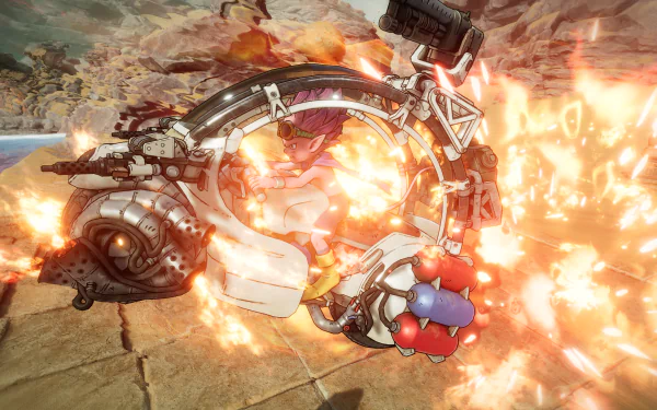 An HD desktop wallpaper from the video game Sand Land, featuring a character in dynamic battle action with explosions and advanced weaponry on a desert-like background.