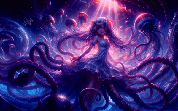 Anime anime girl squid jellyfish underwater HD Desktop Wallpaper | Background Image