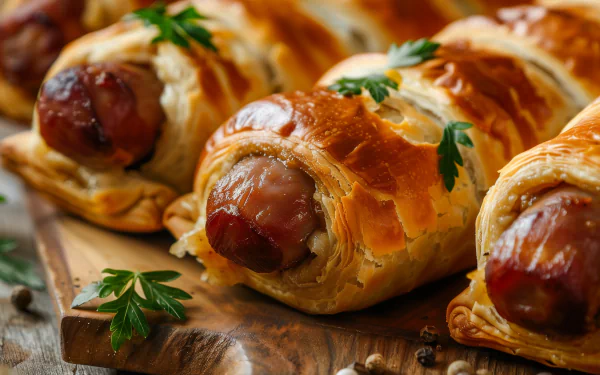 HD desktop wallpaper featuring delicious pigs in a blanket, beautifully presented with a golden crust and garnished with fresh herbs on a wooden board.
