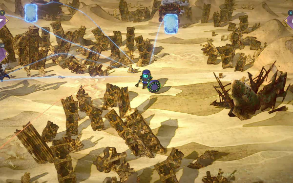 HD desktop wallpaper featuring a scene from the video game SaGa Emerald Beyond, showing a character exploring a desert with scattered ruins and mystical portals.