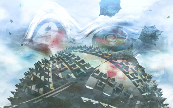 HD desktop wallpaper from El Shaddai: Ascension of the Metatron featuring an abstract, watercolor style depiction of a spiral-eyed figure and fragmented landscape.