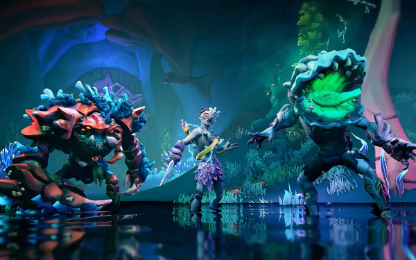 HD desktop wallpaper from Sea of Thieves featuring a pirate standing between colorful, fantastical sea creatures in a vivid, underwater setting.