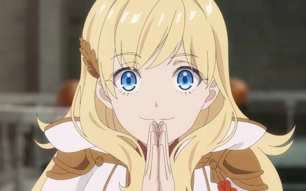 HD desktop wallpaper featuring a character from Unnamed Memory anime, smiling with hands clasped, in a detailed interior setting.