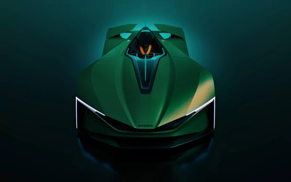 HD desktop wallpaper featuring a green Škoda Vision GT concept car with sleek headlights and a futuristic design, set against a dark background.