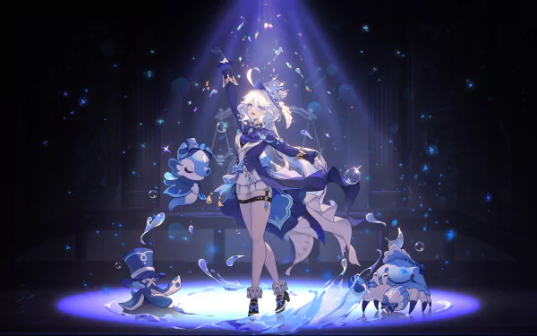 Furina from Genshin Impact captivates in this vibrant 4K Ultra HD wallpaper, surrounded by magical blue creatures and a stunning spotlight, showcasing her enchanting presence.