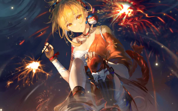HD PC desktop wallpaper featuring Yoimiya from Genshin Impact, surrounded by glowing fireworks and vibrant night sky effects.