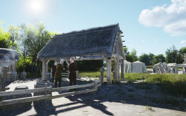 HD desktop wallpaper from the video game Manor Lords featuring villagers in a medieval setting with thatched structures and stone wells under a clear blue sky.