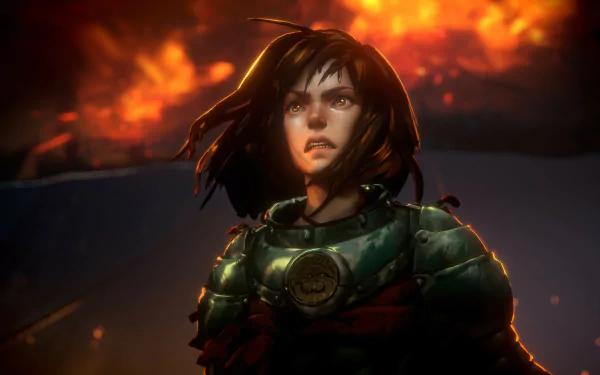 HD desktop wallpaper from the video game No Rest for the Wicked, featuring a determined female character in armor against a fiery background.
