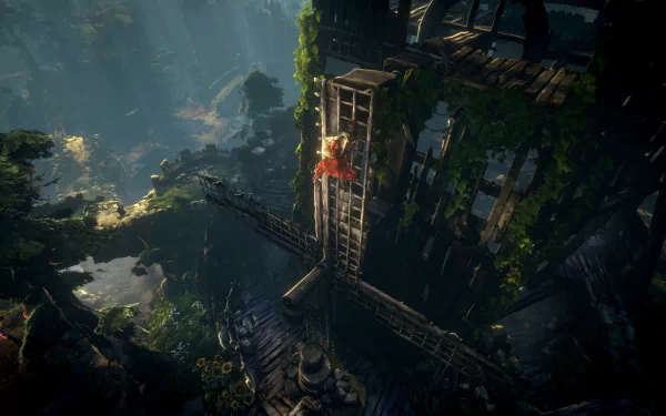HD wallpaper from the video game No Rest for the Wicked, depicting a character on a lush, vine-covered wooden platform overlooking a forested ravine.