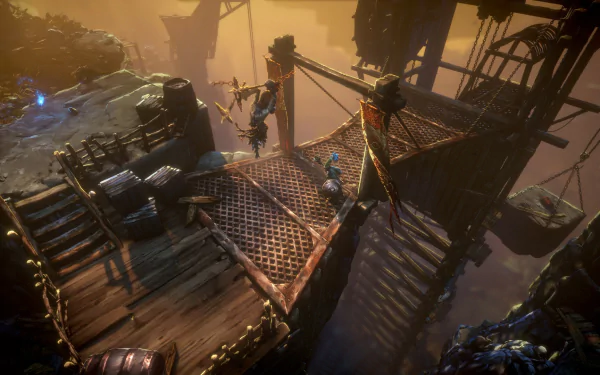 HD wallpaper from the video game No Rest for the Wicked, featuring a detailed scene of characters on a wooden fortress amidst a dramatic sunset.