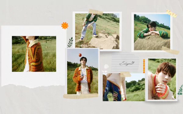HD PC desktop wallpaper featuring ENHYPEN members in a collage-style layout with outdoor, natural backgrounds and casual outfits.