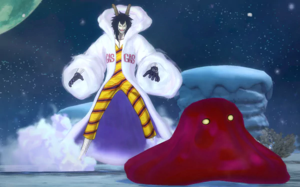 HD desktop wallpaper featuring Caesar Clown from One Piece, standing confidently with a whimsical backdrop including a large moon and a red blob-like creature.