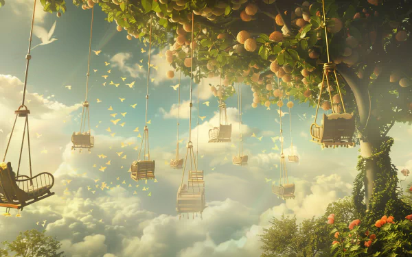 HD desktop wallpaper featuring a whimsical landscape with multiple swings hanging from a tree above the clouds, surrounded by flying birds and fruit.